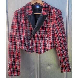 Venus Tweed Plaid Lined Crop Blazer Red Black & White Size L